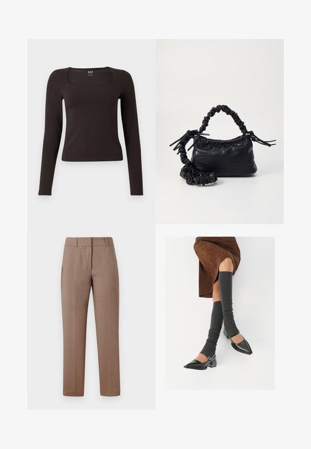 Black long-sleeve, fitted top with a square neckline, labeled GAP, displayed on a white background.; Light brown tailored trousers with a smooth texture, flat front, side pockets, and a straight-leg design. Fabric features a subtle pattern.; Black patent leather pointed-toe shoes with a block heel and ankle strap, paired with gray ribbed leg warmers and a brown suede skirt.; Black faux leather handbag with a crocodile texture, cinched top, and a scrunched strap. Appears soft and compact in design.