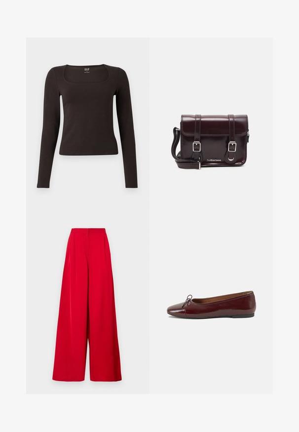 Čierny priliehavý top s dlhým rukávom a štvorcovým výstrihom, označený značkou GAP, zobrazený na bielom pozadí.; Široké nohavice v jasne červenej farbe z hladkej tkaniny. Majú vysoký pás, ostré prehyby a splývavý dizajn.; Burgundské lakované balerínky s okrúhlou špičkou, malou mašľou na prednej strane a nízkou čiernou gumovou podrážkou. Hladký povrch.; Krikvová lakovaná kožená crossbody taška s obdĺžnikovým tvarom, dvoma popruhmi, striebornými doplnkami a prednou klapkou.