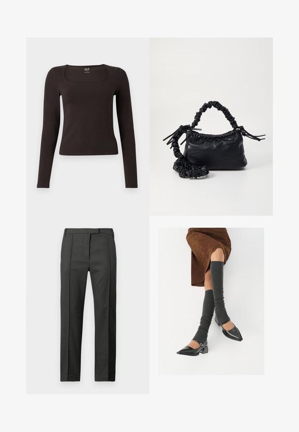 Top negru cu mânecă lungă, aderent, cu decolteu pătrat, etichetat GAP, expus pe un fundal alb.; Pantaloni negri într-o nuanță închisă, cu pliuri în față, cu brâuri pentru curea și un sistem de închidere ascuns în față, expuși pe un fundal alb.; Pantofi negri din piele lacuită, cu vârful ascuțit, toc bloc și curea la glezna, asortați cu jambiere gri cu nervuri și o fustă din suede maro.; Geantă din faux leather neagră cu textură de crocodil, cu partea superioară strânsă și o curea mototolită. Pare moale și compactă ca design.