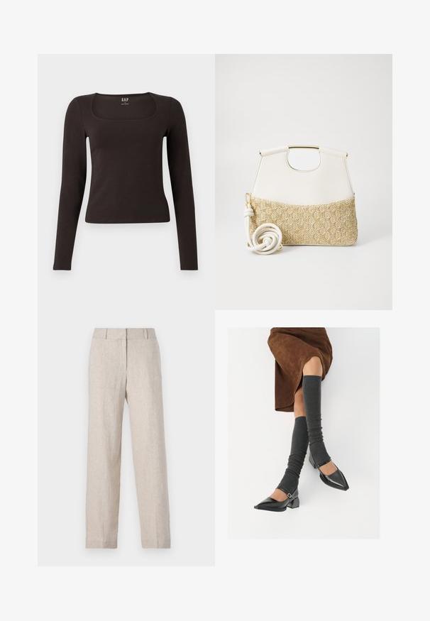 Musta pitkähihainen, slim fit -paita, jossa on neliömäinen kaula-aukko, merkitty GAP, esillä valkoisella taustalla.; Beige pellava-housut suoran lahkeen muotoilulla, korkealla vyötäröllä ja hienovaraisella tekstuurilla. Ei näkyviä taskuja tai koristeita.; Musta lakattu nahkakengät teräväkärkisillä, leveällä kantapäällä ja nilkkahihnalla, yhdistettynä harmaisiin ribattuihin säärystimiin ja ruskeaan mokkasiinimekkoon.; Valkoinen nahkalaukku, jossa on teksturoitu kermaisen värinen kudotun kankaan pohja. Varustettu kultasävytteisellä kahvalla ja kierretyllä valkoisella hihnalla monikäyttöisyyden vuoksi.