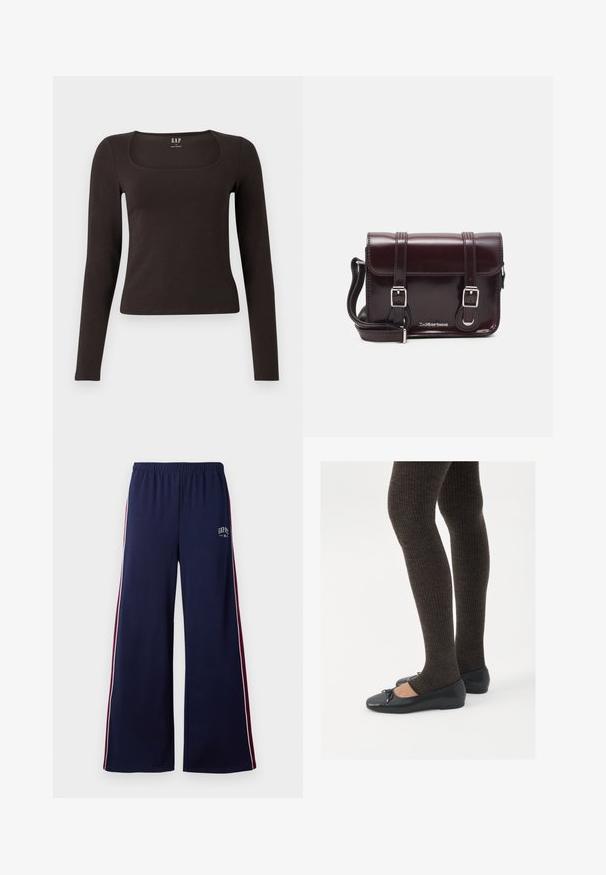 Czarny, długi rękaw, dopasowana bluzka z kwadratowym dekoltem, oznaczona marką GAP, wyeksponowana na białym tle.; Granatowe spodnie dresowe o szerokich nogawkach z elastycznym pasem, z białymi i bordowymi paskami po bokach oraz małym logo GAP NYC na lewej udzie.; Czarne płaskie buty z małym kokardkowym detalem na palcach, zestawione z ciemnobrązowymi rajstopami w prążki. Buty mają gładką teksturę i niski profil.; Bordowa torebka typu crossbody z lakierowanej skóry, w kształcie prostokąta, z dwiema rączkami, srebrnymi akcentami i zapięciem na klapkę.