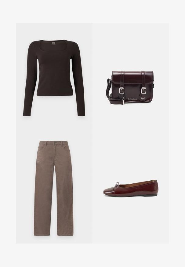 Schwarzes, langärmliges, figurbetontes Oberteil mit quadratischem Ausschnitt, gekennzeichnet mit GAP, vor einem weißen Hintergrund präsentiert.; Braune, gerade geschnittene Baumwollhosen mit einem Knopfverschluss vorne, Gürtelschlaufen und fünf Taschen mit einer glatten Textur.; Burgunderfarbenes, lackiertes Ballettschuh mit abgerundetem Zehenbereich, kleiner Schleifenakzent vorne und einer niedrigen, schwarzen Gummisohle. Glatte Textur.; Burgunderfarbene Patelleder-Crossbody-Tasche mit rechteckiger Form, zwei Riemen, silberfarbener Hardware und einem Klappenverschluss.