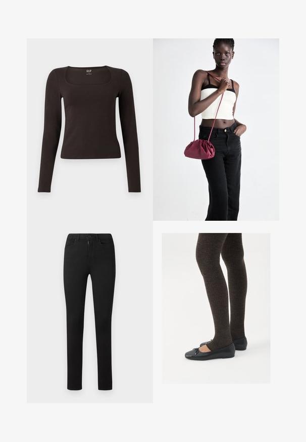 Černý dlouhý rukáv, přiléhavý top se čtvercovým výstřihem, označený značkou GAP, vystavený na bílém pozadí.; Černé upnuté džíny s hladkou strukturou, standardní design s pěti kapsami, přední zip a zapínání na knoflík. Žádné viditelné vzory nebo akcenty.; Černé ploché boty s malou mašlí na špičce, kombinované s tmavě hnědými žebrovanými punčochami. Boty mají hladký povrch a nízký profil.; Burgundská měkká taška s nabíraným designem a dlouhým popruhem, nošená přes tělo. Model má na sobě bílý crop top a černé džíny.