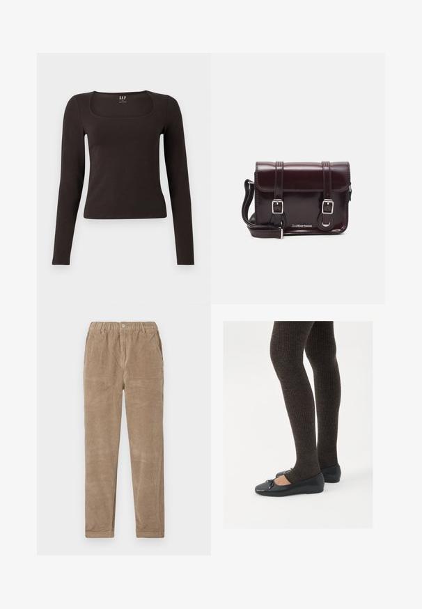 Must musta, sobiv ülikond, neljakandiline kaelus, sildiga GAP, valge tausta peal.; Pruunid korduroy püksid elastse vöökoha ja lamedate esipocketsidega, sirge jala disainiga. Pehme tekstuur ja ribadest muster.; Mustad mustad kingad väikese teksaga varvaste juures, koos tumedate pruunide ribakangastega. Kingadel on sile tekstuur ja madal profiil.; Burgundi värvi patendiga nahast risti koti, millel on ristkülikuline kuju, kaks rihma, hõbedased detailid ja klapi sulgur.