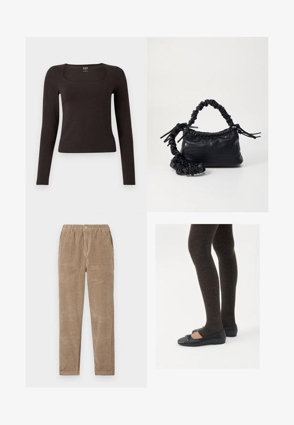 Crna majica dugih rukava, uskog kroja s kvadratnim izrezom, označena s GAP, prikazana na bijeloj pozadini.; Smeđe ženske hlače od kordura s elastičnim pojasom, s ravnim prednjim džepovima i ravnim krojem. Mekani materijal i rebrasta uzorka.; Crne ravne cipele s malim mašnom na vrhu prstiju, uparene s tamnosmešnim rebrovanim čarapama. Cipele imaju glatku teksturu i nizak profil.; Crna torba od umjetne kože s teksturom krokodila, s cinčanim vrhom i naboranom trakom. Izgleda mekano i kompaktno u dizajnu.