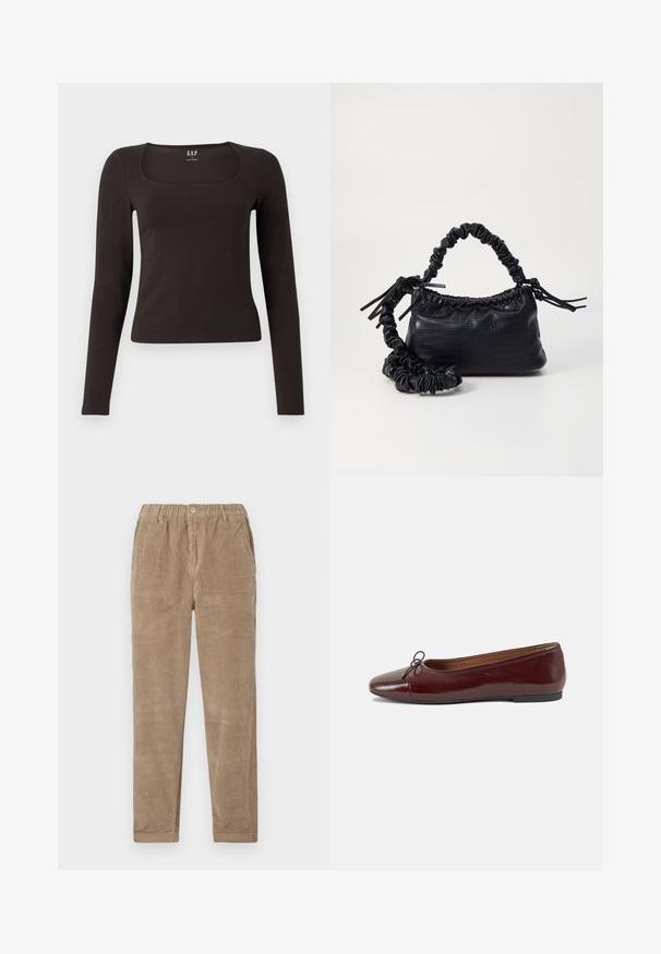 Haut noir à manches longues, ajusté, avec un décolleté carré, étiqueté GAP, affiché sur un fond blanc.; Pantalons en velours côtelé marron avec une taille élastique, présentant des poches avant plates et une coupe droite. Texture douce et motif côtelé.; Ballerines en cuir verni bordeaux avec un bout rond, un petit nœud décoratif à l'avant et une semelle en caoutchouc noire basse. Texture lisse.; Sac à main en simili cuir noir avec une texture crocodile, un dessus resserré et une sangle froncée. A l'apparence douce et compacte.