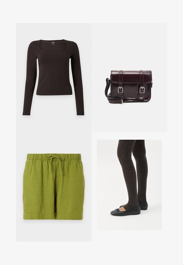 Schwarzes, langärmliges, figurbetontes Oberteil mit quadratischem Ausschnitt, gekennzeichnet mit GAP, vor einem weißen Hintergrund präsentiert.; Grüne Leinenshorts mit elastischem Bund und verstellbarem Kordelzug, die eine lockere Passform und einen geraden Saum bieten.; Schwarze flache Schuhe mit einem kleinen Schleifendetail an der Zehe, kombiniert mit dunkelbraunen gerippten Strumpfhosen. Die Schuhe haben eine glatte Textur und ein niedriges Profil.; Burgunderfarbene Patelleder-Crossbody-Tasche mit rechteckiger Form, zwei Riemen, silberfarbener Hardware und einem Klappenverschluss.