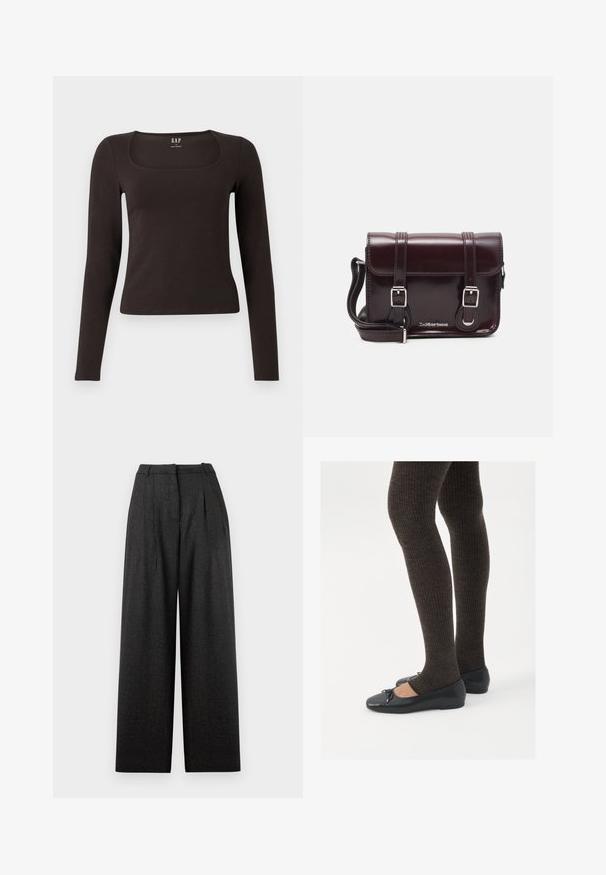 Top preto de mangas longas, ajustado, com decote quadrado, da marca GAP, exibido sobre um fundo branco.; Calças largas de padrão xadrez cinza escuro, com cintura alta, pregas e um corte estruturado. Feitas de um tecido texturizado.; Sapatos planos pretos com um pequeno laço na ponta, emparelhados com meias-calças caneladas castanhas escuras. Os sapatos têm uma textura suave e um design discretamente baixo.; Bolsa transversal em couro verniz bordô com formato retangular, duas alças, ferragens prateadas e fecho de aba.