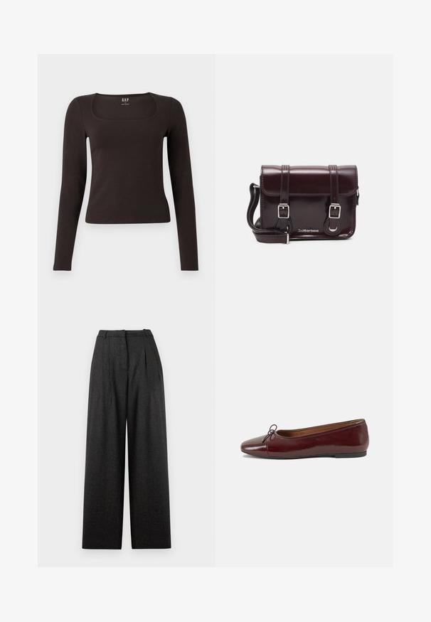 Maglietta nera a maniche lunghe, aderente, con scollatura quadrata, etichettata GAP, esposta su uno sfondo bianco.; Pantaloni a gamba larga in un design scozzese grigio scuro, con vita alta, pieghe e una vestibilità strutturata. Realizzati in tessuto testurizzato.; Ballerine in pelle verniciata bordeaux con punta arrotondata, piccolo fiocco decorativo sulla parte anteriore e suola bassa in gomma nera. Texture liscia.; Borsa a tracolla in pelle verniciata bordeaux con forma rettangolare, due manici, accessori in argento e chiusura a patta.