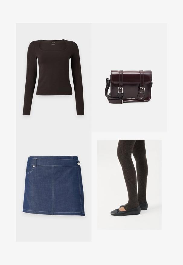 Top negru cu mânecă lungă, aderent, cu decolteu pătrat, etichetat GAP, expus pe un fundal alb.; Pantalon scurt din denim de culoare albastru închis cu cusături albe, având un singur buzunar frontal și o închidere metalică la talie.; Pantofi negri cu un detaliu mic de fundiță la vârf, asortați cu colanți maro închis, cu textură ondulată. Pantofii au o textură netedă și un profil joase.; Geantă crossbody din piele lac burgundă, cu formă rectangulară, două curele, accesorii din argint și închidere cu clapetă.