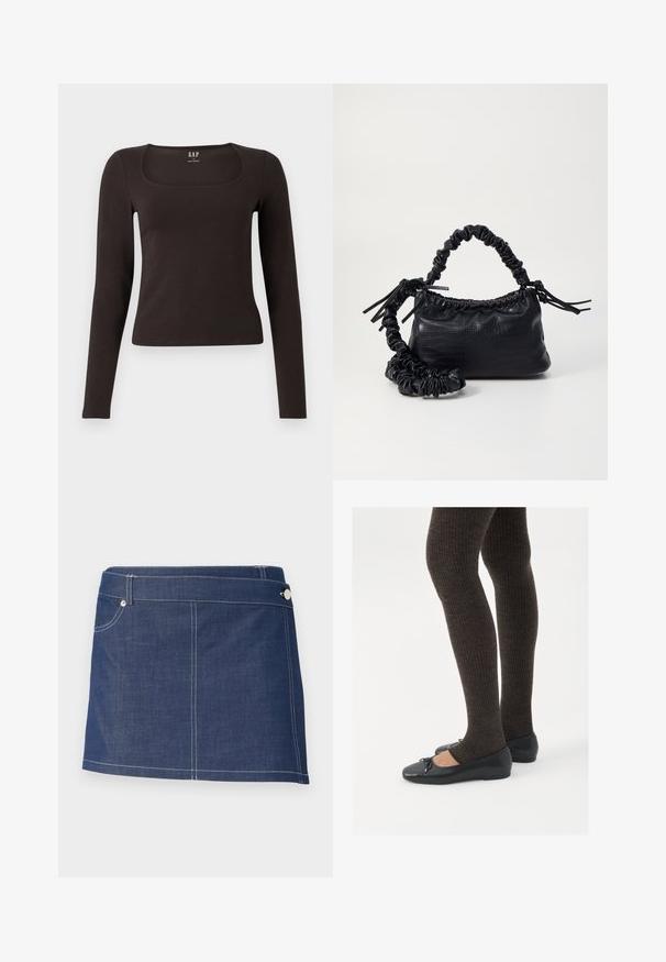 Top negro de manga larga, ajustado, con escote cuadrado, etiquetado como GAP, presentado sobre un fondo blanco.; Falda corta de mezclilla en azul oscuro con costuras blancas, que cuenta con un bolsillo delantero y un cierre de botón metálico en la cintura.; Zapatos planos negros con un pequeño lazo en la punta, combinados con medias de punto en marrón oscuro. Los zapatos tienen una textura suave y un perfil bajo.; Bolso de mano de imitación cuero negro con textura de cocodrilo, parte superior fruncida y correa arrugada. Presenta un diseño suave y compacto.