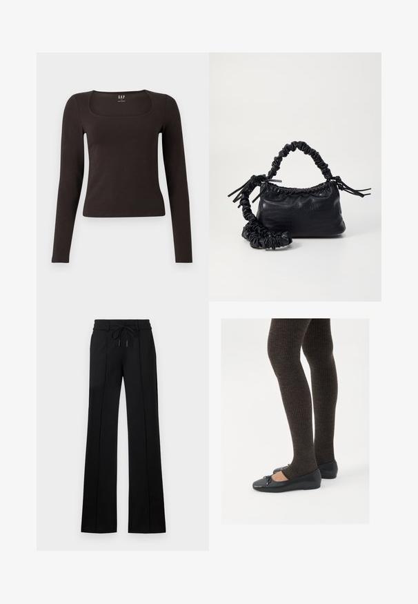 Juoda ilgomis rankovėmis, prigludusi bluzonėlė su kvadratine iškirpte, žymėta GAP, rodoma baltame fone.; Juodi pritaikyti kelniai su raišteliu juosmenyje. Turi tiesų siluetą, dvi priekinės siūles ir lygų audinį su švelniu blizgesiu.; Juodos plokščios bateliai su maža kaspinėlio detale prie pirštų, derinami su tamsiai rudos spalvos raukšlėtomis pėdkelnėmis. Bateliai turi lygų paviršių ir žemą profilį.; Juodas dirbtinės odos rankinė su krokodilo tekstūra, sušnibždinta viršuje ir susikraipytu dirželiu. Atrodo minkšta ir kompaktiška.