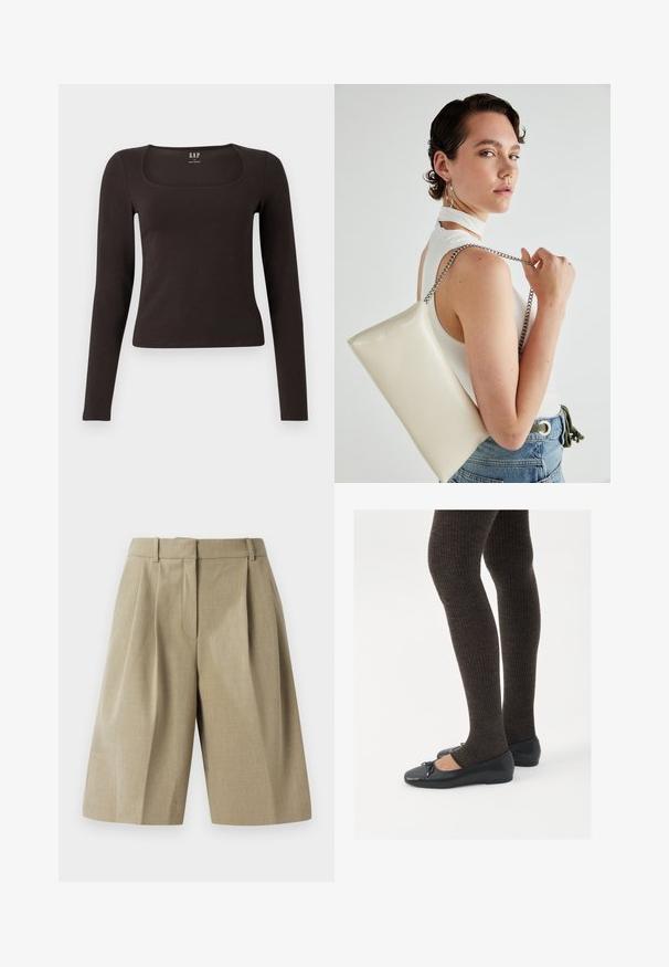 Crna majica dugih rukava, uskog kroja s kvadratnim izrezom, označena s GAP, prikazana na bijeloj pozadini.; Bežani krojeni šortsi s plisiranim dizajnom, izrađeni od lagane tkanine. Imaju pojas i duboke prednje džepove.; Crne ravne cipele s malim mašnom na vrhu prstiju, uparene s tamnosmešnim rebrovanim čarapama. Cipele imaju glatku teksturu i nizak profil.; Bijela pravokutna torbica s kopčanjem, izrađena od sjajnog materijala, s srebrnim lančićem. Model pozira, prikazujući torbicu na jednostavnoj pozadini.