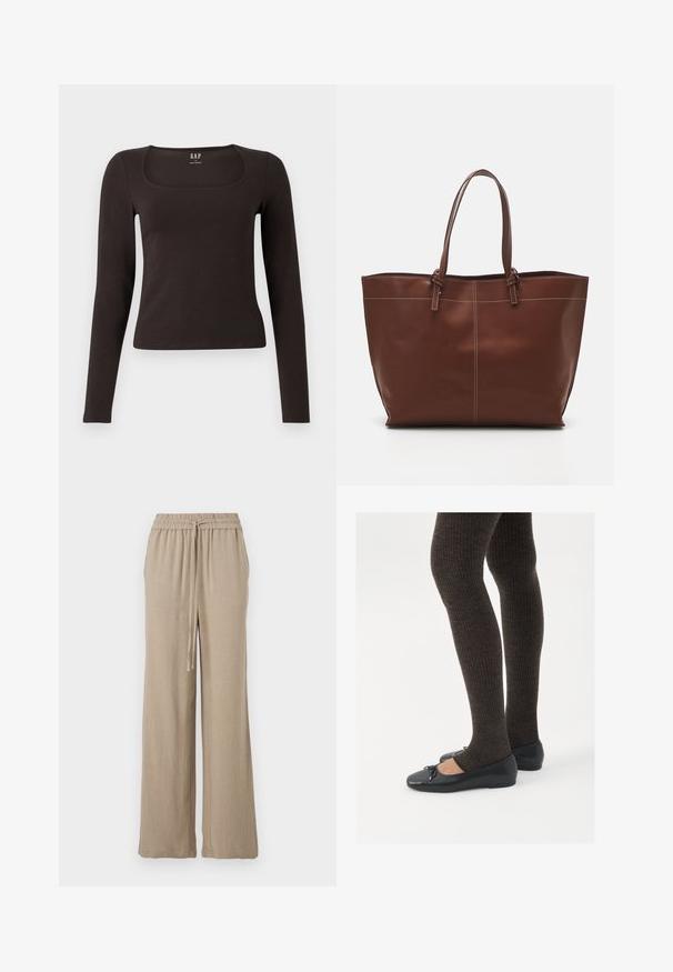 Černý dlouhý rukáv, přiléhavý top se čtvercovým výstřihem, označený značkou GAP, vystavený na bílém pozadí.; Béžové široké kalhoty vyrobené z lehkého materiálu. Mají elastický pas s šňůrkou a boční kapsy. Hladký povrch.; Černé ploché boty s malou mašlí na špičce, kombinované s tmavě hnědými žebrovanými punčochami. Boty mají hladký povrch a nízký profil.; Hnědá kožená taška přes rameno s dvojitými uchy, s kontrastním prošíváním a prostorným designem, vhodná pro každodenní použití.