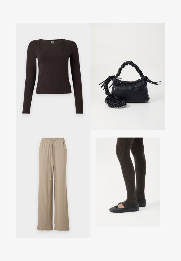 Black long-sleeve, fitted top with a square neckline, labeled GAP, displayed on a white background.; Beige wide-leg trousers made from a lightweight fabric. Features an elastic waistband with a drawstring and side pockets. Smooth texture.; Black flat shoes with a small bow detail at the toe, paired with dark brown ribbed tights. Shoes have a smooth texture and low profile.; Black faux leather handbag with a crocodile texture, cinched top, and a scrunched strap. Appears soft and compact in design.