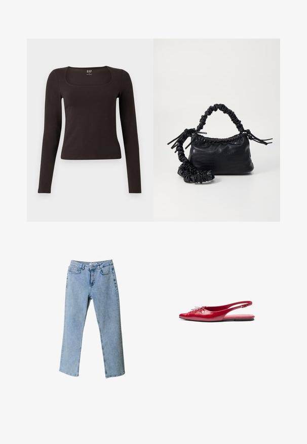 Maglietta nera a maniche lunghe, aderente, con scollatura quadrata, etichettata GAP, esposta su uno sfondo bianco.; Jeans in denim blu chiaro con un design a gamba dritta, stile a cinque tasche e etichetta in vita. Presentano zone sbiadite per aggiungere texture.; Scarpa piatta slingback rossa in pelle con punta affusolata e un dettaglio decorativo di lacci nella parte frontale, caratterizzata da una sottile fascia alla caviglia e suola piatta.; Borsa a tracolla in ecopelle nera con texture a coccodrillo, apertura cinchata e tracolla arricciata. Si presenta con un design morbido e compatto.