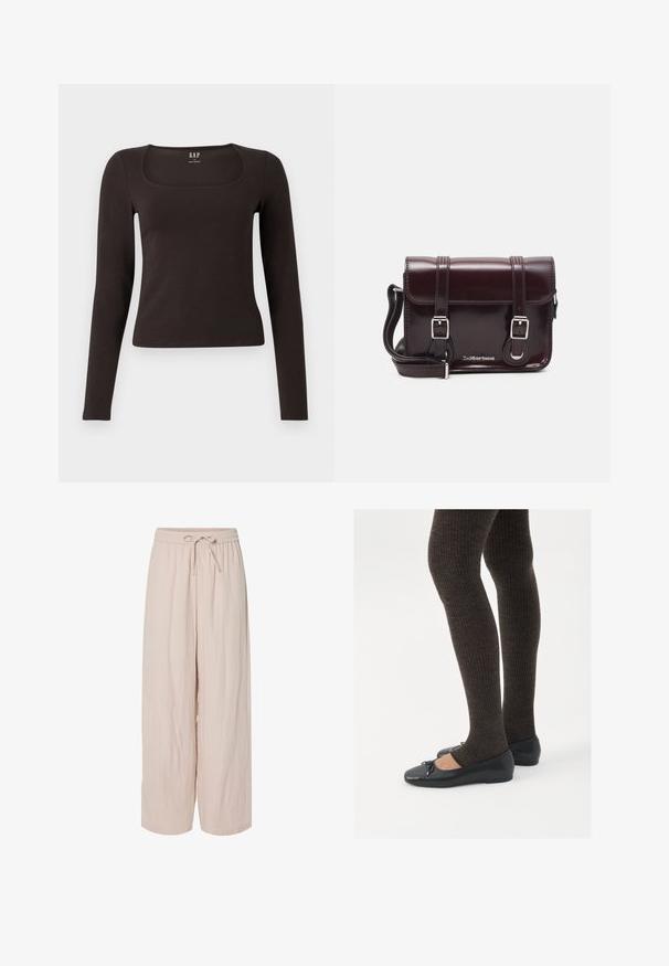 Svart langermet, tett topp med firkantet hals, merket GAP, vist på en hvit bakgrunn.; Lyse rosa, vide bukser laget av teksturert stoff med elastisk midje og justerbar snor. Casual, løs passform.; Sorte flate sko med en liten sløyfedetalj på tåen, kombinert med mørkebrune ribbede strømpebukser. Skoene har en glatt overflate og lav profil.; Burgunderfarget patentlær crossover-veske med rektangulær form, to stropper, sølvfarget hardware og klaffelukking.