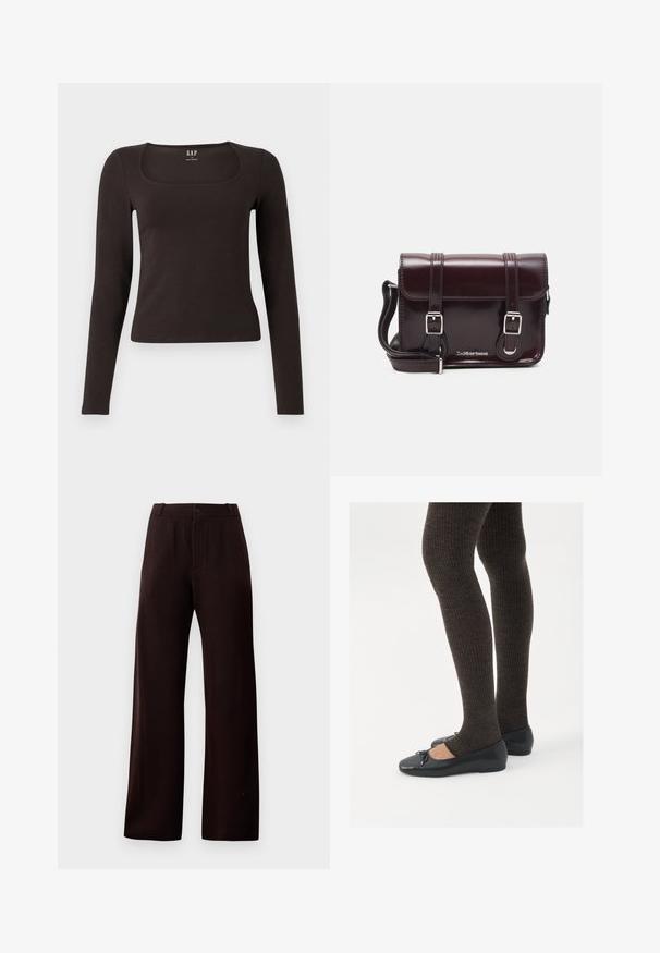 Čierny priliehavý top s dlhým rukávom a štvorcovým výstrihom, označený značkou GAP, zobrazený na bielom pozadí.; Tmavo hnedé nohavice so širokými nohavicami a zipsom, s gombíkovým zapínaním a pútkami na opasok, vystavené na jednoduchom pozadí.; Čierne ploché topánky s malou mašľou na špičke, v kombinácii s tmavohnedými rebrovanými pančuchami. Topánky majú hladký povrch a nízky profil.; Krikvová lakovaná kožená crossbody taška s obdĺžnikovým tvarom, dvoma popruhmi, striebornými doplnkami a prednou klapkou.