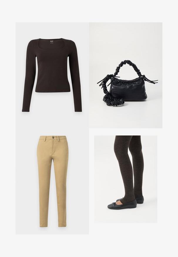 Musta pitkähihainen, slim fit -paita, jossa on neliömäinen kaula-aukko, merkitty GAP, esillä valkoisella taustalla.; Khaki chinos valmistettu puuvillasekoitekankaasta, jossa on slim fit -leikkaus, vyölenkit, etutaskut ja yksi napitus.; Mustat matalat kengät, joissa on pieni nauha varpaissa, yhdistettynä tummanruskeisiin ribattuisiin sukkahousuihin. Kengissä on sileä pinta ja matala profiili.; Must-have mustekahvi nahkalaukku krokotiiliaistalla, kiristetty yläosa ja rypistetty hihna. Näyttää pehmeältä ja kompaktilta muotoilultaan.