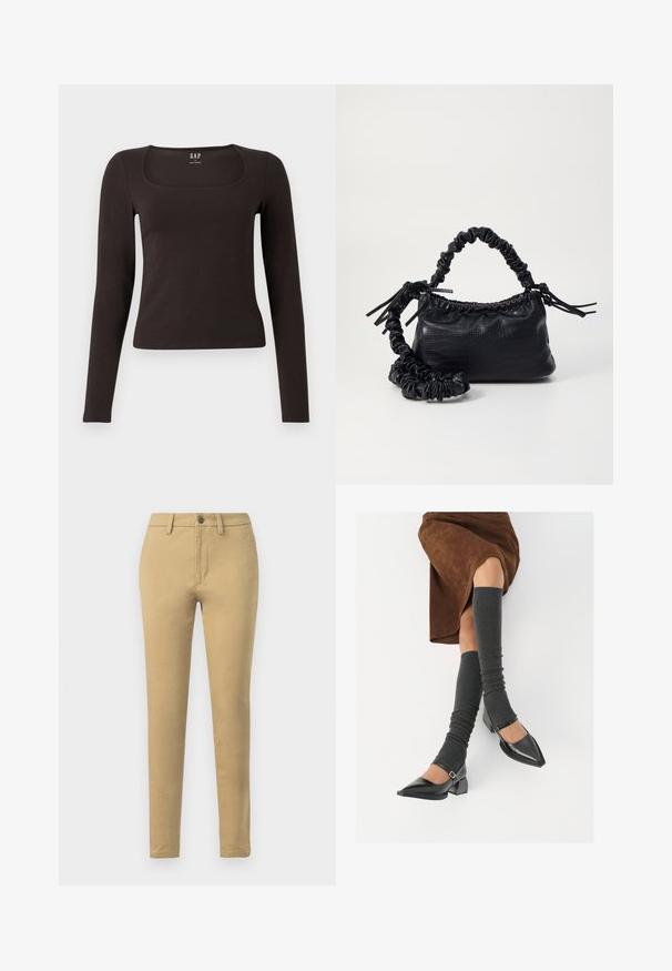 Melnas garās piedurknes, pieguļošs tops ar kvadrātveida apkakli, ar uzrakstu GAP, novietots uz baltā fona.; Kaki chinos no kokvilnas maisījuma auduma, ar šauru piegriezumu, jostas cilpām, priekšējiem kabatām un vienu pogu aizdari.; Melnas laka ādas apavi ar norādītu purngalu, blokveida papēdi un potīšu jostu, saskaņoti ar pelēkām ribotām kāju sildītājām un brūnu zamšādas svārku.; Melnā mākslīgās ādas rokassoma ar krokodila rakstu, savilkta augšdaļa un saburzīta siksna. Izskatās mīksta un kompakta pēc dizaina.