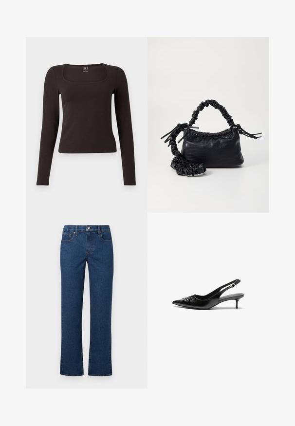 Top preto de mangas longas, ajustado, com decote quadrado, da marca GAP, exibido sobre um fundo branco.; Jeans retos em azul escuro com fecho de botão e zíper, bolsos frontais e para moedas, e passadores de cinto, exibidos em plano sobre um fundo branco.; Sapatos de salto alto slingback em couro preto com bico fino, pequeno salto kitten e um detalhe decorativo em forma de nó na parte da frente. Textura suave em toda a parte.; Bolsa de mão em couro sintético preto com textura de crocodilo, topo franzido e alça enrugada. Apresenta um design suave e compacto.