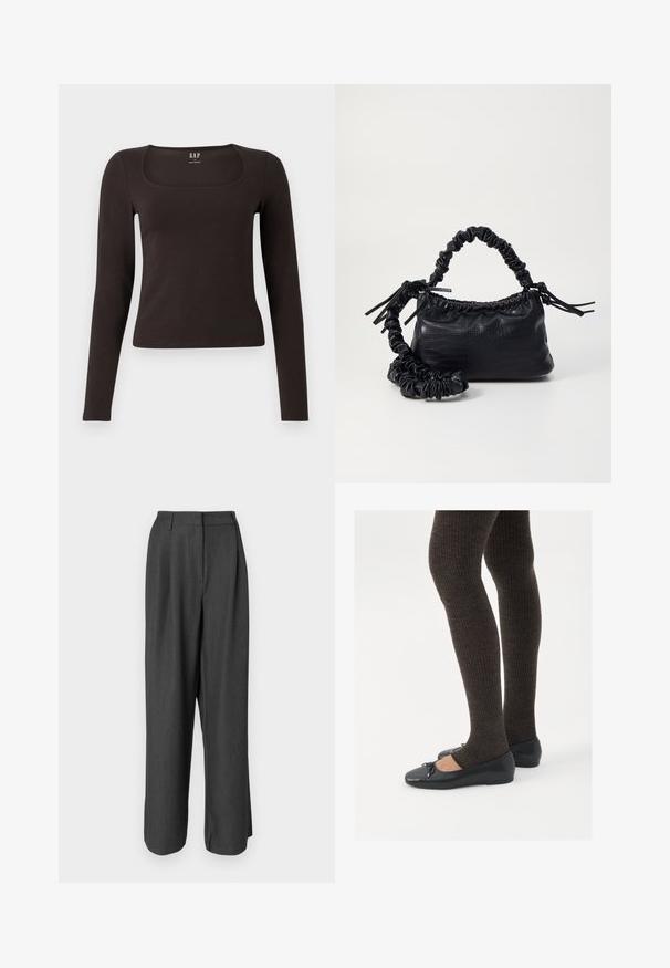 Haut noir à manches longues, ajusté, avec un décolleté carré, étiqueté GAP, affiché sur un fond blanc.; Pantalons larges gris foncé avec une coupe sur mesure. Présente une texture lisse, des détails de pli et une taille mi-haute.; Chaussures plates noires avec un petit nœud au niveau des orteils, associées à des collants côtelés marron foncé. Les chaussures ont une texture lisse et un profil bas.; Sac à main en simili cuir noir avec une texture crocodile, un dessus resserré et une sangle froncée. A l'apparence douce et compacte.