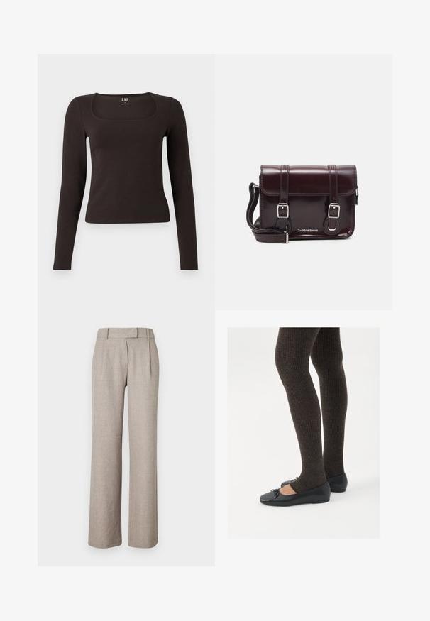 Melnas garās piedurknes, pieguļošs tops ar kvadrātveida apkakli, ar uzrakstu GAP, novietots uz baltā fona.; Beigā krāsā ražoti nadragi ar teksturētu audumu, taisna kāju dizains un priekšējās krokas. Nav redzamu detaļu vai rakstu.; Melnas plakano formas kurpes ar mazu loku uz pirksta, apvienotas ar tumši brūnām ribotām zeķubiksēm. Kurpēm ir gluda tekstūra un zems profils.; Burgundijas lakotas ādas crossbody soma ar taisnstūrveida formu, divām siksnām, sudraba krāsas aksesuāriem un vāku ar aizdari.