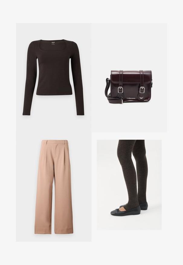 Črn dolg rokav, prilegajoča majica s kvadratnim izrezom, označena z GAP, prikazana na belem ozadju.; Bež hlače širokih nogavica z zankami za pas, z drafini na pasu in ravnim sprednjim delom, prikazane na enobarvni beli podlagi.; Črne ravne čevlje z majhnim lokom na prstih, v kombinaciji s temno rjavimi rebrastimi nogavicami. Čevlji imajo gladko teksturo in nizko obliko.; Burgundska patentna usnjena torbica čez ramo z pravokotno obliko, dvema trakovoma, srebrno kovinsko opremo in zapiranjem na preklop.