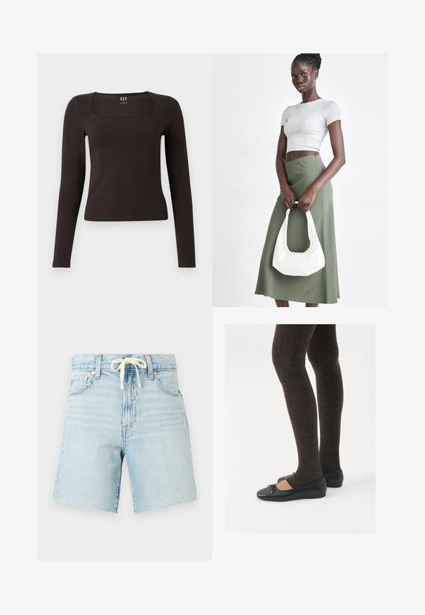 Čierny priliehavý top s dlhým rukávom a štvorcovým výstrihom, označený značkou GAP, zobrazený na bielom pozadí.; Svetlomodré džínsové šortky s pásom na šnúrku, mierne rozstrapkaným lemom a piatimi vreckami. Majú vyblednutú textúru a medené nitové akcenty.; Čierne ploché topánky s malou mašľou na špičke, v kombinácii s tmavohnedými rebrovanými pančuchami. Topánky majú hladký povrch a nízky profil.; Sivý pruhovaný crop top a olivovo zelená sukňa s vysokým pásom. Model drží bielu ramennú tašku s vyrezávanými detailmi. Jednoduchý dizajn, priliehavý strih.