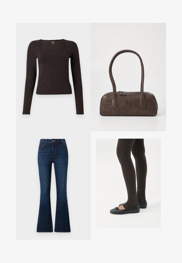 Must musta, sobiv ülikond, neljakandiline kaelus, sildiga GAP, valge tausta peal.; TOM TAILOR STELLA tumesinine teksa; Mustad mustad kingad väikese teksaga varvaste juures, koos tumedate pruunide ribakangastega. Kingadel on sile tekstuur ja madal profiil.; Pruunist nahast käsipagas kahe tugeva käepidemega, kandiline kuju, sile tekstuur ja tõmblukuga sulgemine. Minimalistlik disain, ilma nähtavate mustriteta.