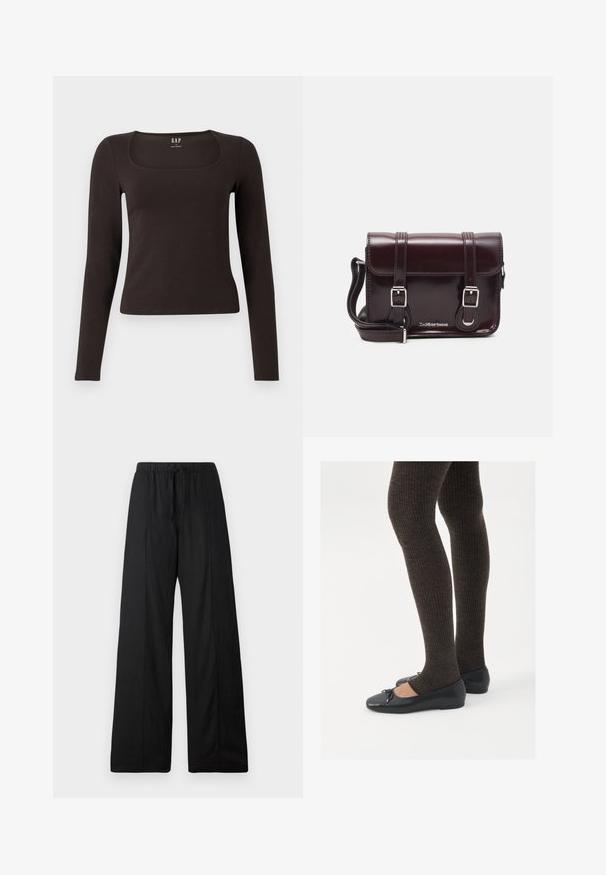 Svart långärmad, åtsittande topp med fyrkantig halsringning, märkt GAP, uppvisad på en vit bakgrund.; Svarta vida byxor i lättviktsmaterial. Har resår i midjan med dragsko. Ren, minimalistisk design utan mönster.; Svarta platta skor med en liten rosett vid tån, i kombination med mörkbruna ribbade strumpbyxor. Skorna har en slät yta och låg profil.; Burgundy lackläder crossbody-väska med rektangulär form, två remmar, silverfärgad hårdvara och klaffstängning.