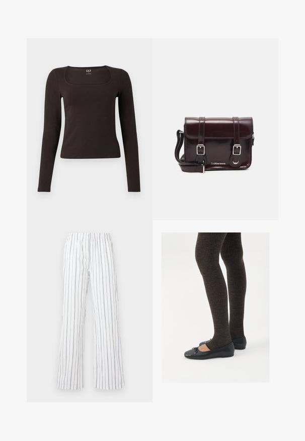 Juoda ilgomis rankovėmis, prigludusi bluzonėlė su kvadratine iškirpte, žymėta GAP, rodoma baltame fone.; Balti pantalonai su mėlynomis vertikaliomis juostelėmis, pagaminti iš lengvos medžiagos. Turi elastingą juosmenį ir plačias, išsiplėtusias kojas.; Juodos plokščios bateliai su maža kaspinėlio detale prie pirštų, derinami su tamsiai rudos spalvos raukšlėtomis pėdkelnėmis. Bateliai turi lygų paviršių ir žemą profilį.; Bordo lakinės odos krepšys per petį, stačiakampio formos, su dviem diržais, sidabrinėmis detalėmis ir užtraukiama kiautu.