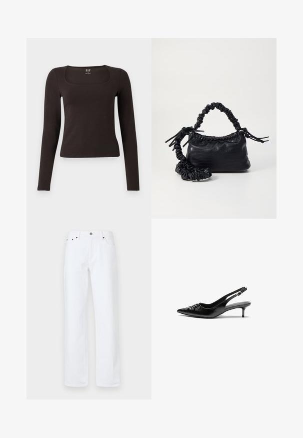 Czarny, długi rękaw, dopasowana bluzka z kwadratowym dekoltem, oznaczona marką GAP, wyeksponowana na białym tle.; Białe dżinsy charakteryzują się luźnym krojem z prostymi nogawkami, pięcioma kieszeniami, zapięciem na guziki z przodu oraz miedzianymi nity.; Czarne skórzane szpilki na ramiączku z ostrym noskiem, małym słupkiem i ozdobnym węzłem z przodu. Gładka faktura na całej powierzchni.; Czarna torebka z syntetycznej skóry o teksturze krokodyla, z zaciąganym górnym zamknięciem i marszczonym paskiem. Wygląda na miękką i zwartą w designie.