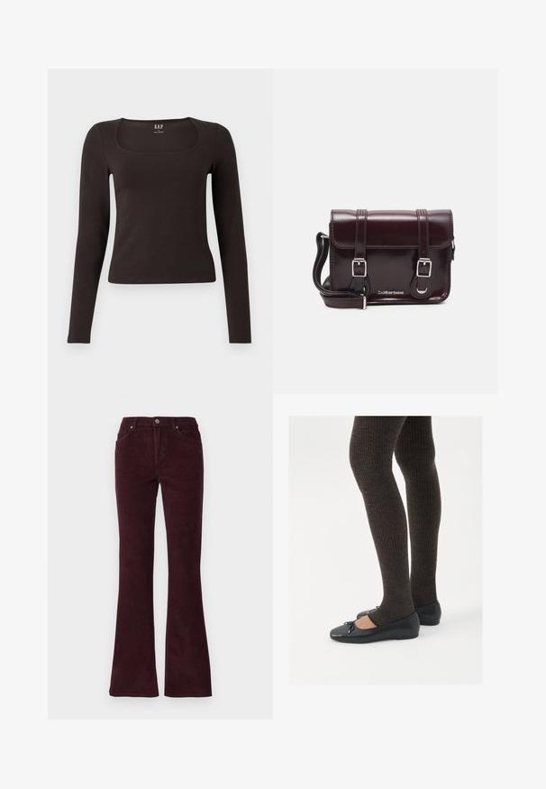 Maglietta nera a maniche lunghe, aderente, con scollatura quadrata, etichettata GAP, esposta su uno sfondo bianco.; Pantaloni a palazzo in corduroy bordeaux con una texture morbida, cinque tasche e chiusura con bottone metallico in vita.; Scarpe nere a flat con un piccolo fiocco sulla punta, abbinate a collant a coste marrone scuro. Le scarpe hanno una texture liscia e un profilo basso.; Borsa a tracolla in pelle verniciata bordeaux con forma rettangolare, due manici, accessori in argento e chiusura a patta.