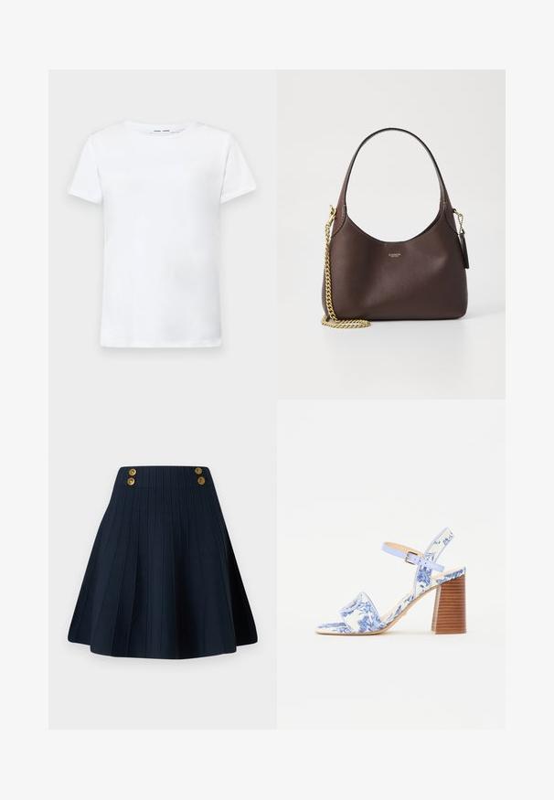 Bela kratka majica s kratkimi rokavi iz bombaža z obliko okroglega izreza. Gladka struktura in raven kroj, brez vzorcev ali dodatkov.; Mornarsko nabran krilo z teksturirano tkanino, visokim pasom in dvema zlatima gumboma spredaj, kar ustvarja čisto linijo in strukturirano obliko.; Modra sandal z cvetličnim vzorcem, s kvadratnim nosom, širokim trakom in nastavljivim gležnjevim trakom, ki ima teksturiran lesen blokast pet.; COACH BROOKLYN SHOULDER BAG 23 - Torbica - maple