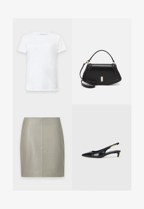 Camiseta blanca de manga corta hecha de algodón con diseño de cuello redondo. Textura suave y corte recto, sin patrones ni acentos.; Falda de cuero beige hasta la rodilla con corte recto y costura vertical central, mostrada sobre un fondo blanco.; Tacones negros de piel sintética tipo slingback con punta afilada, que cuentan con un tacón delgado y un detalle en tono dorado en la correa ajustable. Textura suave.; Bolso de mano de cuero negro con un diseño estructurado, que presenta una forma recortada, asa superior y acentos en dorado. Correa de hombro ajustable incluida.