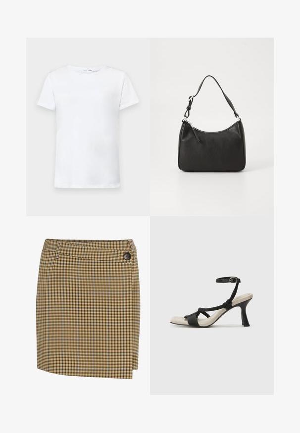 Biela tričko s krátkymi rukávmi vyrobené z bavlny s okrúhlym výstrihom. Hladká textura a rovný strih, bez vzorov alebo akcentov.; Hnedožltá kockovaná sukňa s modrými akcentmi. Má priamy strih, bočné gombíkové zapínanie a hladkú textúru látky.; Čierne sandále na podpätku s pleteným pásikom, štvorcovou špičkou a nastaviteľným remienkom okolo členka. Svetlobéžová stielka s lesklým čiernym podpätkom.; Čierna kožená kabelka s oblým tvarom, jediným popruhom, zipsom a nenápadným logom na prednej strane. Hladká textúra, minimalistický dizajn.