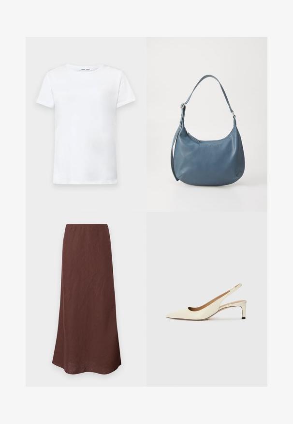 Balta īsām piedurknēm T-krekls, izgatavots no kokvilnas, ar apaļu kakla izgriezumu. Gluda tekstūra un taisna piegriezuma, bez rakstiem vai akcentiem.; Brūna, garā svārku mode, izgatavota no viegla auduma. Tam ir vienkārša konstrukcija ar taisnu griezumu un gludu tekstūru. Apakšmala ir nedaudz izliekta.; Asimtais pirksta siksnas kurpes off-white ādas, ar zemu papēdi un izgrieztu dizainu, gluda tekstūra un minimāli akcenti.; Zila ādas rokassoma ar noapaļotu formu, vienu plecu siksnu, ar rāvējslēdzēju aizdari un iegravētu zīmola nosaukumu priekšpusē. Gluda tekstūra.