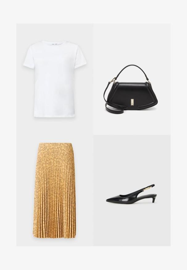 Valkoinen lyhythihainen t-paita, joka on valmistettu puuvillasta ja jossa on pyöreä kaula-aukko. Tasainen pinta ja suora leikkaus, ilman kuvioita tai koristeita.; Pleated skirt vaale keltayi rang mein, jispar kale phoolon ka naksha hai. Kapda bilkul smooth lag raha hai aur seedhe vertical seams hain.; Mustat nahkaiset slingback-korkokengät, joissa on terävä kärki, ohuet korot ja kultasävytteinen yksityiskohta säädettävässä hihnassa. Silkkinen pinta.; Mustalla nahkalaukulla, jossa on jämäkkä muotoilu, lyhyt malli, yläkahva ja kultaiset yksityiskohdat. Säädettävä olkahihna sisältyy.