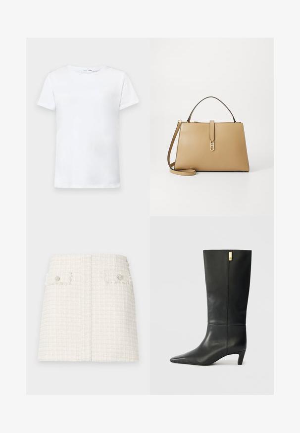 T-shirt bianca a maniche corte in cotone con design a girocollo. Tessuto liscio e taglio dritto, senza motivi o accenti.; Mini gonna bianca in tweed con un motivo a scacchi testurizzato. Presenta due tasche anteriori a filetto con bottoni decorativi. Design con orlo dritto.; Stivale in pelle nera fino al ginocchio con punta affusolata e tacco basso. Presenta un design elegante con un dettaglio dorato. Texture liscia.; Tommy Hilfiger LIBRE SATCHEL - Borsa a mano - safari