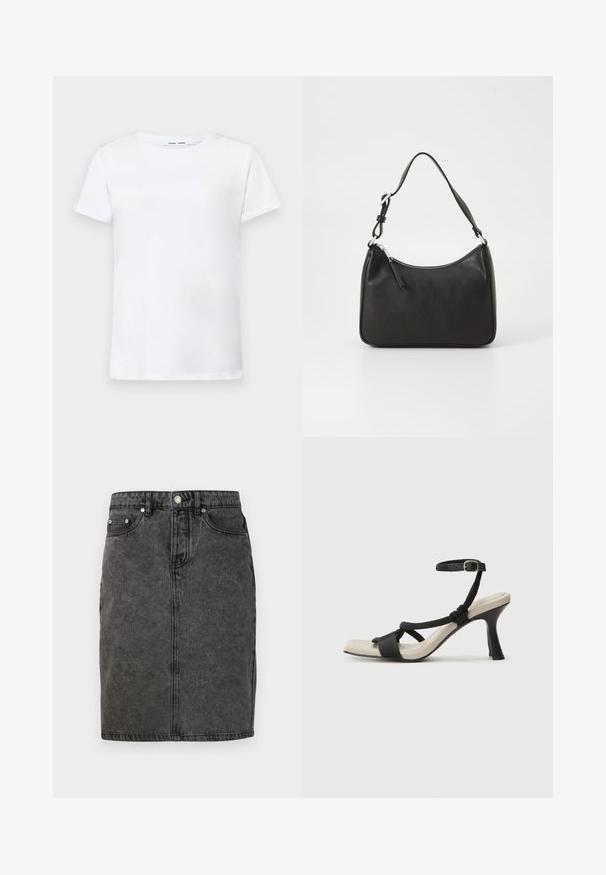 Balta īsām piedurknēm T-krekls, izgatavots no kokvilnas, ar apaļu kakla izgriezumu. Gluda tekstūra un taisna piegriezuma, bez rakstiem vai akcentiem.; Melna denim svārku kleita ar taisnu griezumu, priekšējiem pogu aizdari, jostu cilpiņām un viegli izbalinātu tekstūru, kā arī divām sānu kabatām.; Melnas augstpapēžu sānijas ar pinuma siksnu dizainu, kvadrātveida purngali un regulējamu potītes siksnu. Gaismas beidzamais kāju paklājiņš ar spīdīgu melnu papēdi.; Melnas ādas rokassomu ar izliekta formu, vienu siksnu, ar rāvējslēdzēju aizdari un diskrētu zīmolu uz priekšpuses. Gluda tekstūra, minimālisma dizains.