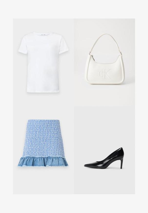 Camiseta blanca de manga corta hecha de algodón con diseño de cuello redondo. Textura suave y corte recto, sin patrones ni acentos.; Falda de tweed azul claro con un dobladillo de mezclilla con volantes, que presenta un patrón texturizado y bordes deshilachados, creando un look en capas.; Zapato de tacón alto de cuero negro con punta afilada, textura suave y tacón en forma de cono. Diseño minimalista, sin adornos adicionales.; Bolso de mano de cuero blanco con forma curvada, con un logo "CK" en relieve en la parte delantera y una sola correa para el hombro. Cierre de cremallera en la parte superior.