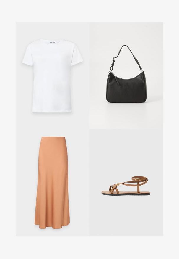 Hvit kortermet t-skjorte laget av bomull med rund hals-design. Glatt tekstur og rett snitt, uten mønstre eller detaljer.; Lang, utsvingt skjørt i et mykt, ferskenfarget stoff. Har en glatt midjebånd og faller pent til en avsmalnende kant. Ingen synlige mønstre eller detaljer.; Brune skinnsandaler med tynn stroppe-design, som har en gullfarget spenne og flat svart såle med zigzag-kant.; Svart lærveske med en buet form, en enkelt stropp, glidelåslukking og subtil merkevarebygging på forsiden. Glatt tekstur, minimalistisk design.