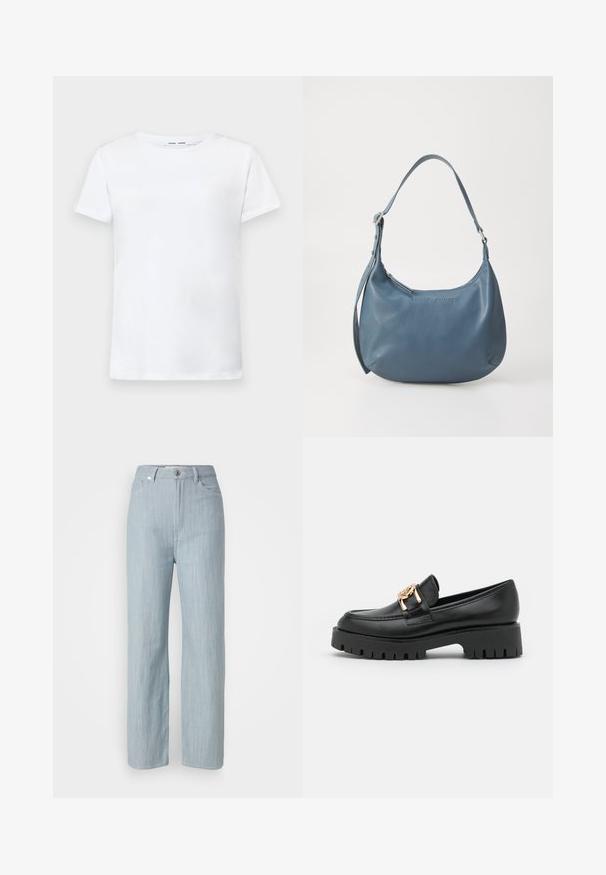 Witte korte mouwen t-shirt van katoen met een ronde hals. Soepele textuur en rechte snit, zonder patronen of accenten.; Lichtblauwe recht gesneden jeans van denim. Heeft vijf zakken, een metalen knoopsluiting en subtiele whisks voor textuur.; Zwarte leren loafer met een robuuste zool en gouden hardwareaccent; heeft een ronde punt en gestikte details langs het bovenwerk.; Blauwe leren handtas met een ronde vorm, enkele schouderriem, ritssluiting en geïmpregneerde merknaam aan de voorkant. Gladde textuur.