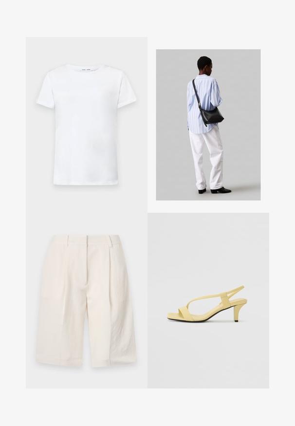 Balta īsām piedurknēm T-krekls, izgatavots no kokvilnas, ar apaļu kakla izgriezumu. Gluda tekstūra un taisna piegriezuma, bez rakstiem vai akcentiem.; Baltas linu šorti ar pielāgotu dizainu, ar izšūtu priekšpusi un plašiem kāju atverēm. Gluda tekstūra un garums līdz vidējam augšstilbam.; Dzelteni ādas sandales ar augstu papēdi, kvadrātveida atvērta purngalā, šaurām siksnām un konusveida papēdi. Gluda tekstūra un minimālistisks dizains.; Melna ādas plecu soma ar mīkstu tekstūru, trīsstūra formu un regulējamu siksnu, apvienota ar gaiši zilu svītrotu krekli un baltām biksēm.