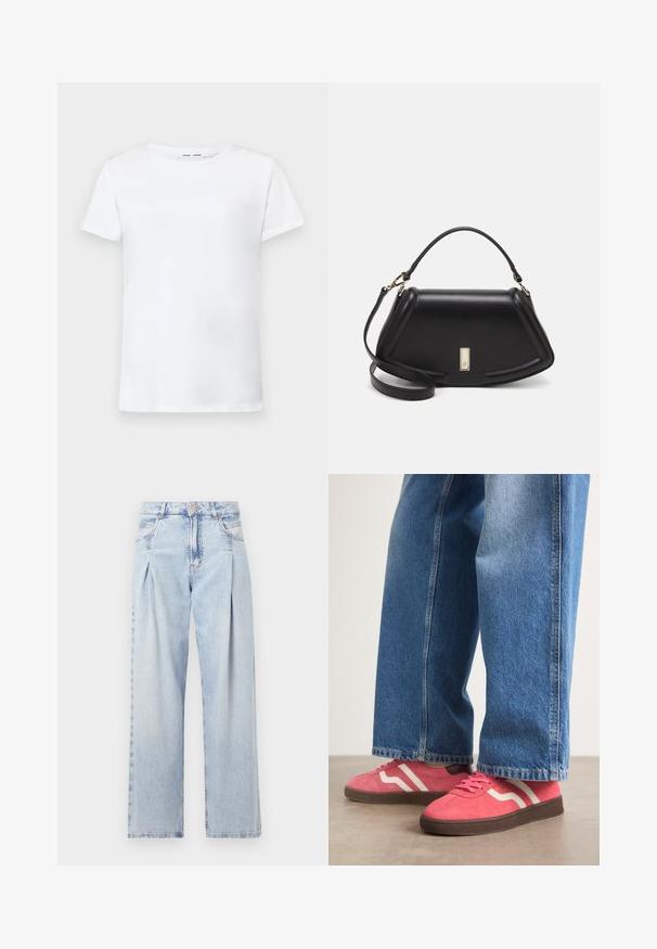 Valge lühikeste varrukatega T-särk, valmistatud puuvillast, ümmarguse kaelusega. Sile tekstuur ja sirge lõige, ilma mustrite või aktsentideta.; Heledad sinise denimist valmistatud teksapüksid kõrge vöökohaga, laia jala lõikega, kahe külje taskuga ja pleedi disainiga. Pehme tekstuur ja pleekinud viimistlus.; Roosa sametist tennised valgete laineliste triipudega ja pruuni kummitaldaga, kombineeritud helesiniste laia säärega denimpükstega.; Must mustrist käekott, millel on struktureeritud disain, lühendatud kuju, ülemine käepide ja kuldne metallist detail. Reguleeritav õlalihm on kaasas.