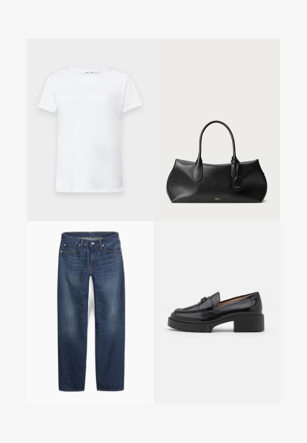 Witte korte mouwen t-shirt van katoen met een ronde hals. Soepele textuur en rechte snit, zonder patronen of accenten.; Donkerblauwe spijkerbroek met een rechte pijp. Kenmerken zijn onder andere een knoopsluiting, vijf zakken en subtiele vervaging in de stof.; Zwarte leren instapper met een lage blokhak, ronde neus, decoratieve strap en een geprofileerde stikselafwerking op de bovenkant. Gladde afwerking.; Zwarte leren handtas met een gladde textuur, ronde vorm, twee handvaten en een klein label eraan. Subtiele merklogo in het goud aan de voorkant.
