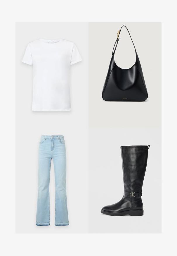 Balta īsām piedurknēm T-krekls, izgatavots no kokvilnas, ar apaļu kakla izgriezumu. Gluda tekstūra un taisna piegriezuma, bez rakstiem vai akcentiem.; Gai zilgani zvīles, kas izgatavotas no džinsa, ar augstu vidukli, priekšējām kabatām un neapstrādātu apakšmalu, nodrošinot ikdienišķu izskatu.; Melnas ādas ceļgala auguma zābaki ar zemu papēdi, apaļu purngalu un metāla "CK" logo sprādzi ap potīti.; Melnas ādas plecu soma ar gludu tekstūru, izliekta silueta un zelta aparatūru. Aprīkota ar debumpētu zīmola logotipu apakšā.