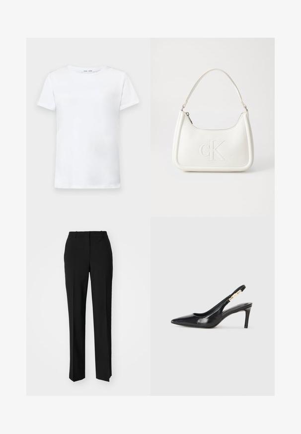 Fehér, rövid ujjú póló, pamutból készült, kerek nyakkivágással. Sima textúrájú, egyenes vonalú, minta vagy díszítés nélkül.; Fekete, testhezálló nadrág egyenes szárú kivitelben, sima textúrával és éles redőkkel az elején. Nincs látható fémalkatrész.; Fekete bőr, slingback magas sarkú cipő, hegyes orral, sima textúrával és keskeny bokapánttal, arany fémrészletekkel.; Fehér bőrtáska ívelt formájú, elöl feltűnő "CK" logóval, egyetlen vállpánttal. Cipzáras zárás a tetején.