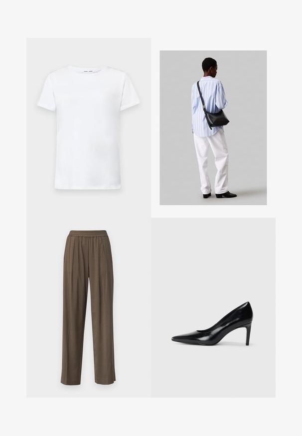 Biela tričko s krátkymi rukávmi vyrobené z bavlny s okrúhlym výstrihom. Hladká textura a rovný strih, bez vzorov alebo akcentov.; Hnedé široké nohavice s elastickým pásom a prešívaním na prednej strane, vyrobené z hladkej tkaniny, poskytujúce voľný strih.; Čierna kožená vysoká topánka s ihlovým podpätkom a špičatou špicou, hladkou textúrou a zúženým podpätkom. Minimalistický dizajn, bez ďalších ozdôb.; Čierna kožená ramenná taška so mäkkou textúrou, trojuholníkovým tvarom a nastaviteľným popruhom, skombinovaná s svetlomodrou pruhovanou košeľou a bielymi nohavicami.